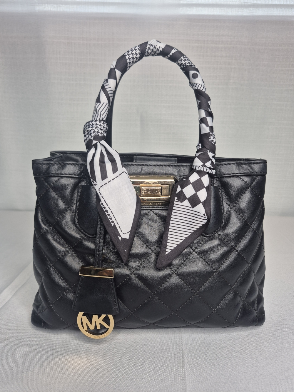 Michael Kors Black Quilted Top-Handle Bag with Printed Scarf - Picture 3 of 17